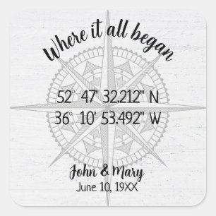 Sticker Carré Coordonnées GPS de la boussole mariage