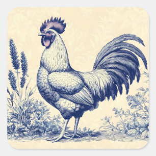 Sticker Carré Coq bleu vintage dans un jardin fleuri
