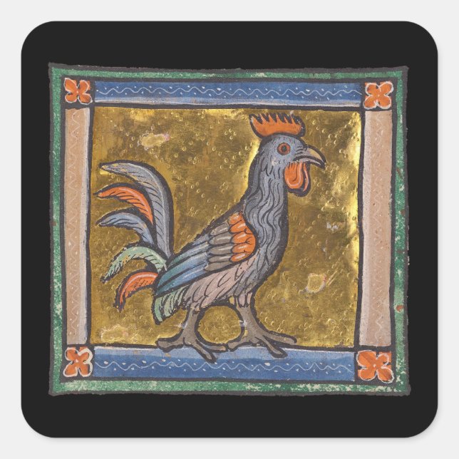 Sticker Carré Coq de bestiaire médiéval c. 1270 (Devant)