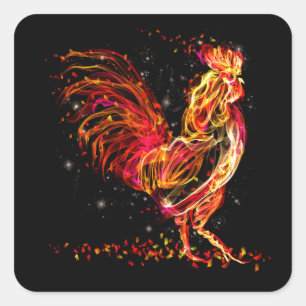 Sticker Carré Coq de feu. Flamme animal étincelant design cool