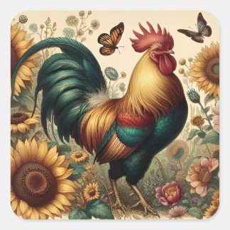 Sticker Carré Coq de poulet vintage esthétique et Fleur sauvage