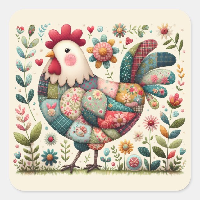 Sticker Carré Coq en patchwork folklorique avec accents floraux (Devant)