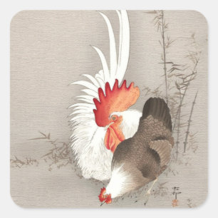 Sticker Carré Coq et Poule par Ohara Koson
