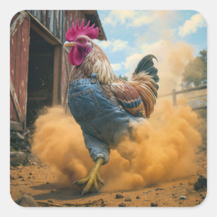 Sticker Carré Coq Fermier donnant des coups de pied dans la pous