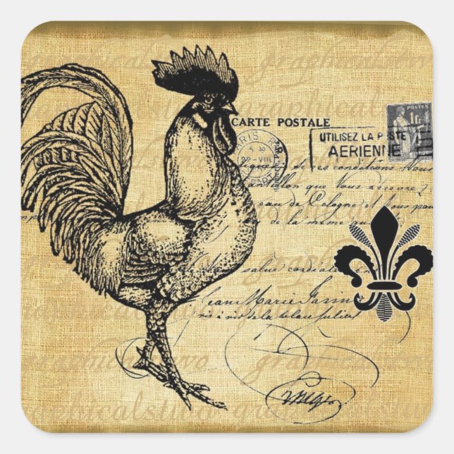 Sticker Carré Coq Français vintage Sur Burlap (Devant)