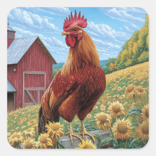 Sticker Carré Coq sur une peinture de la ferme de tournesol