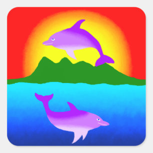 Sticker Carré Coque ipad de coucher du soleil et de dauphins