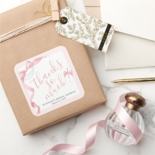 Sticker Carré Coquette Pink Bow & Pearls Fête des mariées Favori