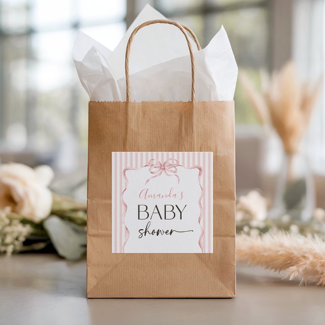 Sticker Carré Coquette Pink Bow Wavy Stripe Girl Baby Shower (Créateur téléchargé)