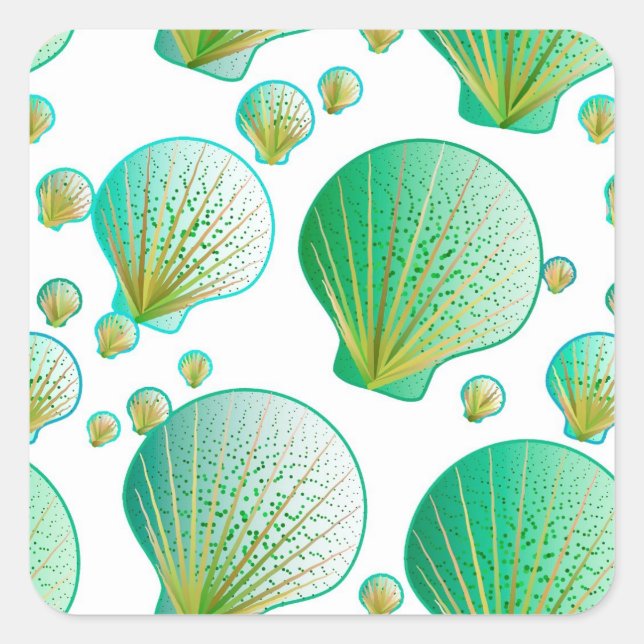 Sticker Carré Coquillages verts de mer sur blanc (Devant)