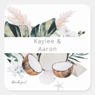 Sticker Carré Corail de noix de coco et Merci floral blanc