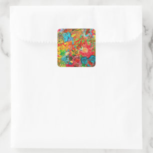 Sticker Carré Corail doré Océan tropical Poisson Aquarelle