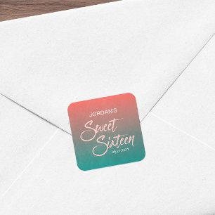 Sticker Carré Corail & Turquoise Gradient Sweet 16 Anniversaire