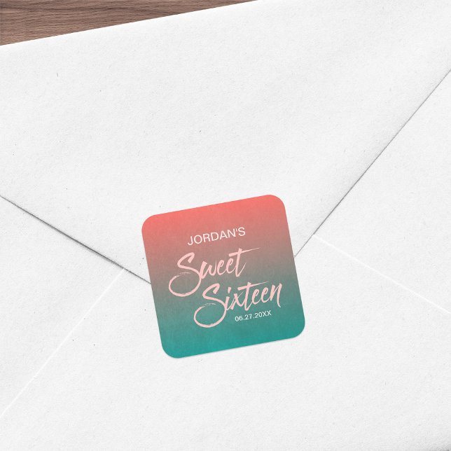 Sticker Carré Corail & Turquoise Gradient Sweet 16 Anniversaire (Créateur téléchargé)