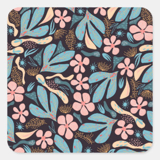 Sticker Carré Coral Blue Floral Dark Print