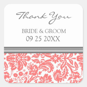 Sticker Carré Coral Grey Damask Merci Wedding Favor Tags