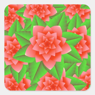 Sticker Carré Coral Orange Camellias et Feuilles verts