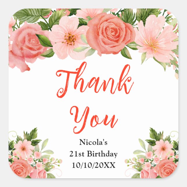 Sticker Carré Coral Roses with Foliage Birthday Thank You (Devant)