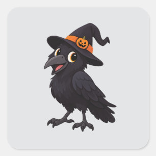 Sticker Carré Corbeau de dessin animé mignon avec chapeau de sor