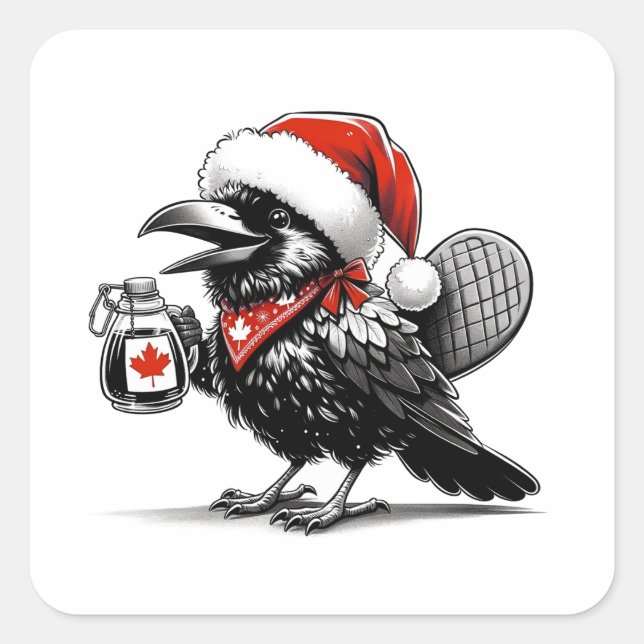 Sticker Carré Corbeau de Noël canadien adorable (Devant)
