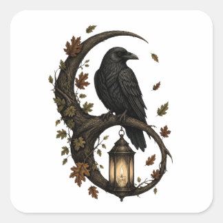 Sticker Carré Corbeau gothique et lanterne à bougie – Ar Académi