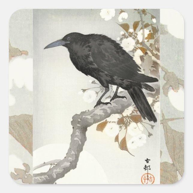 Sticker Carré Corbeau Raven Koson Oiseau japonais (Devant)