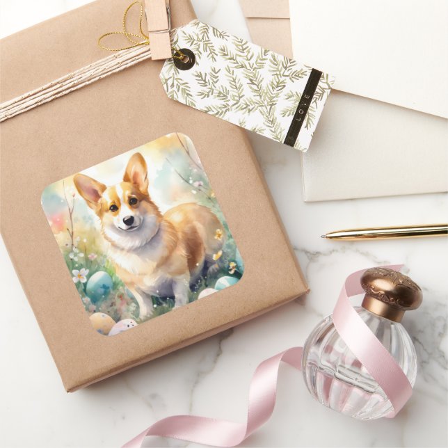 Sticker Carré Corgi avec œufs de Pâques vacances (Cadeaux)
