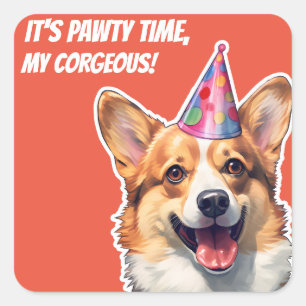 Sticker Carré Corgi C'est fête d'anniversaire mon corgeous