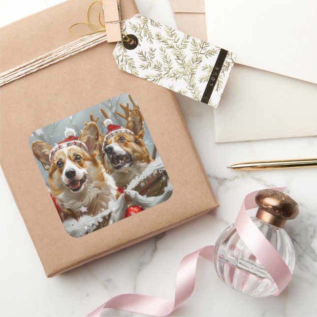 Sticker Carré Corgi Chien Noël Festif (Cadeaux)