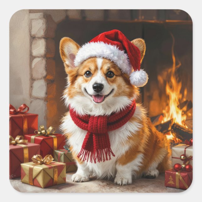 Sticker Carré Corgi de Noël au coin du feu (Devant)