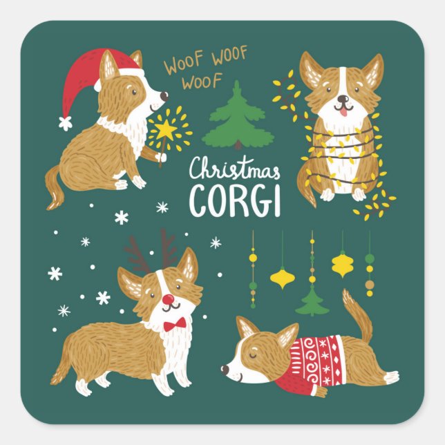 Sticker Carré Corgi de Noël | Woof Woof Woof (Devant)