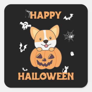 Sticker Carré Corgi En Chiens Citrouilles Cutes Joyeux Halloween