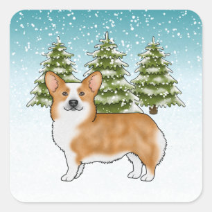 Sticker Carré Corgi gallois Pembroke rouge forêt d'hiver Noël