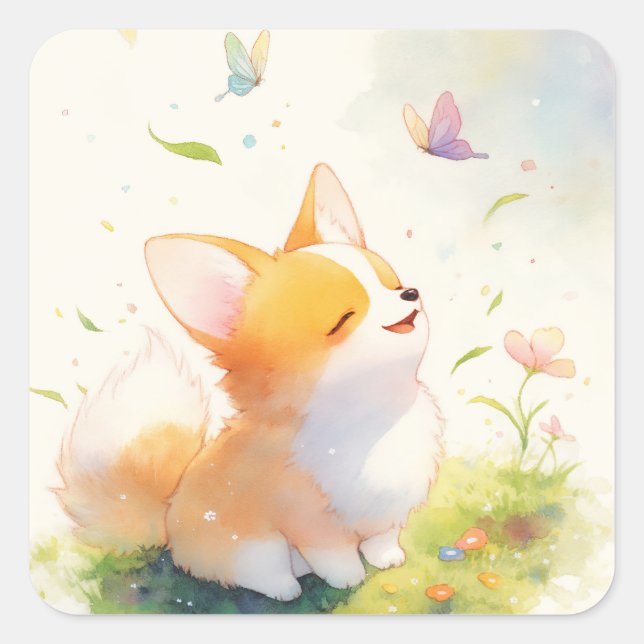 Sticker Carré Corgi heureux avec danse papillon (Devant)