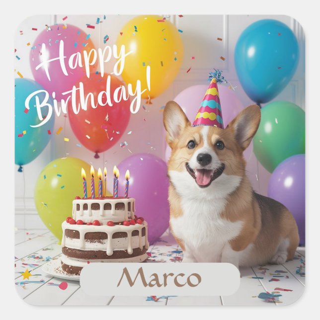 Sticker Carré Corgi Joyeux anniversaire (Devant)