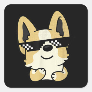 Sticker Carré Corgi Mème Pixel Lunettes de soleil mignon chien