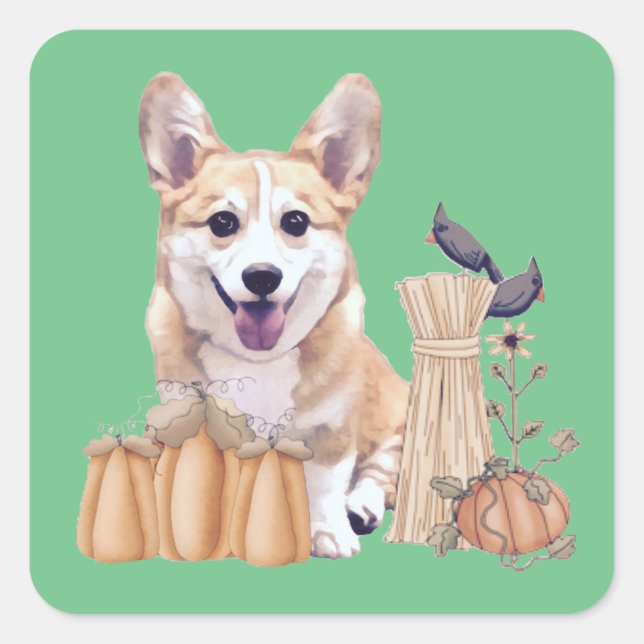 Sticker Carré Corgi Puppy à l'automne (Devant)