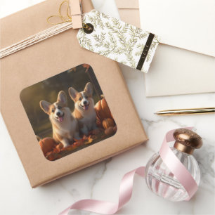 Sticker Carré Corgi Puppy Automne Citrouille de plaisir