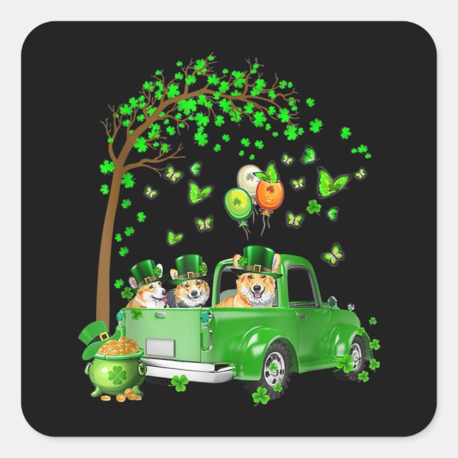 Sticker Carré Corgi St Patrick Day Green Truck Under (Devant)