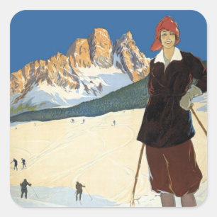 Sticker Carré Cortina d'Ampezzo, Italie, Ski alpin vintage