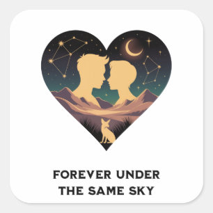 Sticker Carré Cosmic Love Story Coeur avec les amants et Fox Art