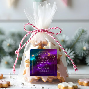 Sticker Carré Cosmic Purple Turquoise or Sun Moon Mariage d'astr