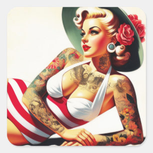 Sticker Carré Costume de bain tatoué rétro Pin-up