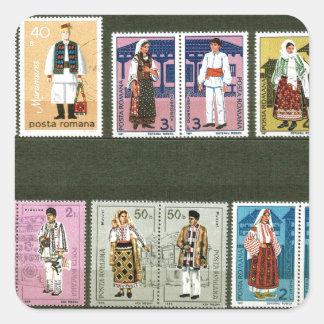 Sticker Carré Costumes folkloriques roumains sur timbres
