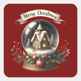 Sticker Carré Cosy Christmas Snow Globe Cottage Scène