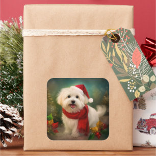 Sticker Carré Coton De Tulear Chien dans la neige Noël