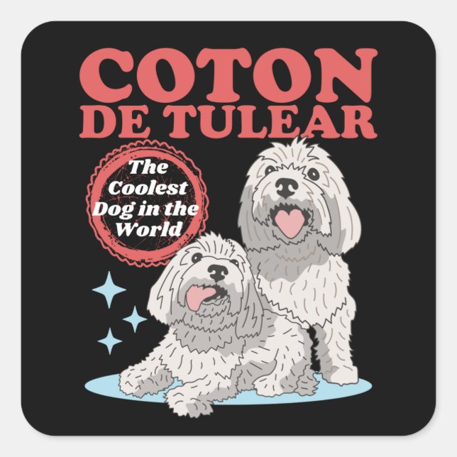 Sticker Carré Coton de Tulear Coolest Chien | Coton de Tulears (Devant)