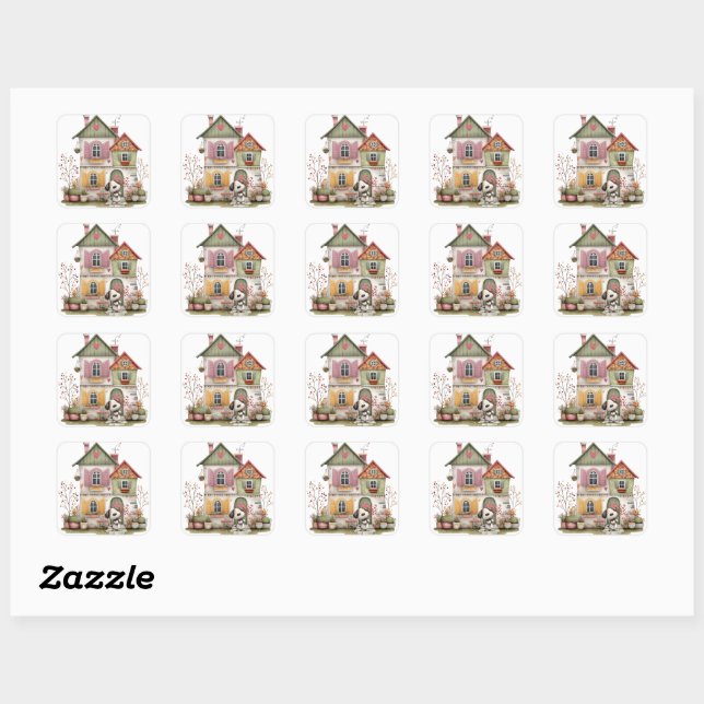 Sticker Carré Cottage Coquet et Chiot (Feuille)