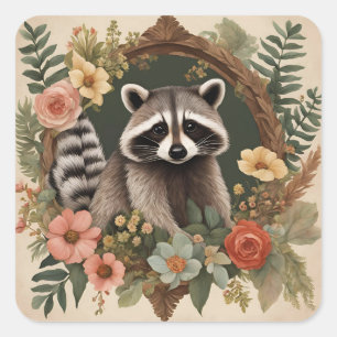 Sticker Carré Cottagecore Cute Raccoon