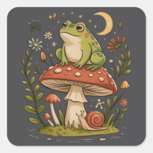 Sticker Carré Cottagecore Grenouille Champignon Toadstool Forêt 